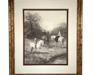 FAMILY ON HORSEBACK PRINT | Showing a mother, father, and son on horseback near a stream with small dog in red and gilt frame, 16 x 20 in (sight). - w. 26 x h. 30 in (frame)