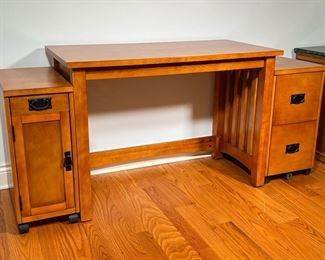 (3PC) ARTS & CRAFTS STYLE DESK SET | (3) Piece Desk Set includes a writing table/desk, side cabinet with a drawer over a cupboard door, and a two-drawer filing cabinet. - l. 44 x w. 22 x h. 31 in (Table Desk)
