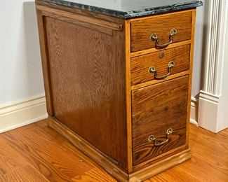 MARBLE TOP FILING CABINET | Oak Filing Cabinet with green marble top. Two single drawers over one file drawer. - l. 15 x w. 29.5 x h. 28 in