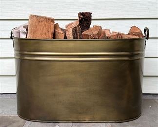 BRASS FINISH WASH BOILER | Brass Finish Wash boiler, being used as a fireside wood / log holder. - l. 24 x w. 12 x h. 13.5 in