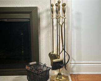 (2PC) BRASS FIREPLACE TOOLS | Brass Fireplace tool set with 4 tools on a matching stand, with a small black mesh basket with bail handle. - l. 8 x w. 8 x h. 34 in