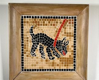 FRAMED TILE ART | Mid-century tile mosaic art of a black puppy with red collar, signed on back A Lanria '58. - l. 14.5 x h. 14.5 in