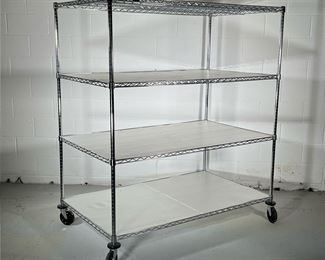LARGE CHROME SHELVING UNIT | Tall & wide shelving unit on wheels with 4 grated shelves. - l. 59 x w. 35 x h. 67.5 in