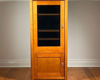 STEREO CABINET | Wooden media cabinet with an upper glass door with three shelves over a bottom cabinet with one shelf. - l. 24 x w. 24 x h. 53.5 in