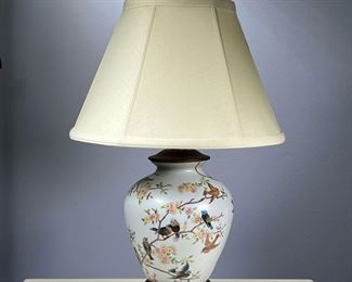 WINTERTHUR PORCELAIN LAMP | Chinese or Japanese style vase/table lamp, with enamel decoration of birds among flowering branches, on a wood base; Winterthur by Oriental Accent. - h. 21 x dia. 14.5 in