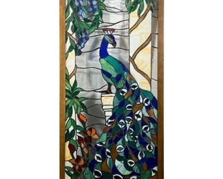 STAINED GLASS PEACOCK WINDOW | Stained leaded glass peacock with flora and fauna, framed with hanging hardware. - l. 20.25 x h. 40.25 in