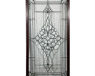 DECORATIVE LEADED GLASS WINDOW | Hand-made leaded glass window with floral design in middle and accents on corners in wooden frame. - l. 20.5 x h. 40.5 in
