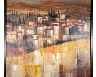 MODERNIST GICLEE | Depicts a small town by a river with accented textured paint markings. - w. 37 x h. 37 in