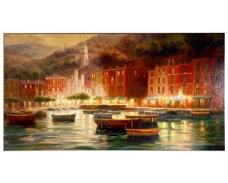 EUROPEAN SEASIDE SCENE | Canvas giclee print depicting a seaside European city with shops and rolling hills in the background. - l. 48 x h. 24 in