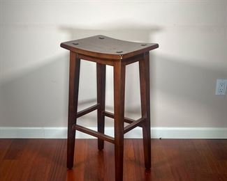 WOODEN BARSTOOL | Dark wood rectangular barstool with flat top. - l. 16 x w. 13 x h. 30 in