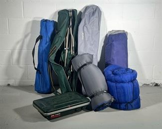 (7PC) CAMPING EQUIPMENT | Includes: Coleman propane camping stove, 2 Coleman camping chairs, collapsible camping table, sleeping bag, inflatable sleeping pad, and Coleman Sundome 10x10 tent.