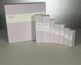 (7PC) MEANINGFUL BEAUTY SKINCARE SET | Includes all new in box: 5.5 fl oz. Skin Softening Cleanser, 1.7 fl oz Facial Masque, 1 fl oz Daily Moisture, 1 fl oz Night Fluids, 0.5 fl oz Eye Cream, 0.5 fl oz Skin Revitalizing Serum, and 5.5 fl oz Pore Refining Toner all together in large Bo from Meaningful Beauty by Cindy Crawford. - l. 10.25 x w. 10.25 x h. 2.5 in