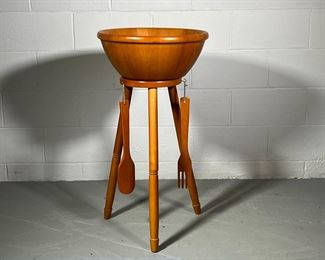 WOODEN SALAD SERVER ON STAND | Wooden bowl on 3-leg stand with salad servers. - h. 34 x dia. 18 in