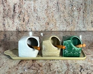 (3PC) SALT & SUGAR BOWL SET | Includes 3 cubed sugar/salt bowls with a wooden spoon and ceramic tray. - l. 12 x w. 3.75 x h. 3.5 in