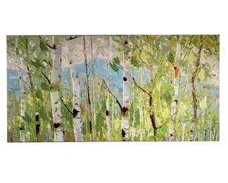 MODERN ART PRINT WITH PAINT APPLIQUÉ | Features birch trees in a forest with oil paint appliqué accents. - l. 34 x h. 17 in