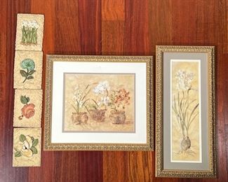 (6PC) FRAMED FLOWER PRINTS & FLOWER TILES | (2) Framed Flower Prints and (4) Flower Art Tiles. - l. 17.5 x h. 15.5 in (Horizontal print)