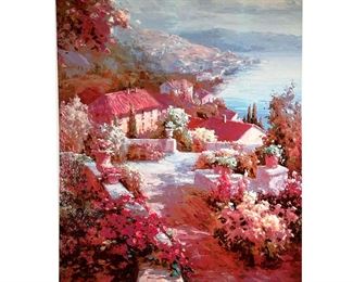 SEASIDE PRINT ON CANVAS | Seaside Village in Pink. - l. 36 x h. 48 in