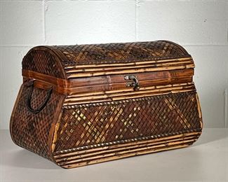 WOVEN WICKER CHEST | Distressed wood and wicker dome-shaped chest with handles. - l. 20 x w. 10.5 x h. 12.5 in