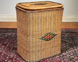 WICKER HAMPER | Lidded wicker laundry basket with painted decoration. - l. 18.5 x w. 14 x h. 24 in