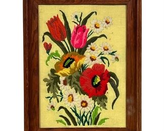 FRAMED FLORAL NEEDLEWORK | Framed needlework of various flowers. Signed on back “Dorothy ‘72”. - l. 13 x h. 16.5 in