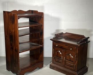 (2PC) DARK PINE SHELF & CABINET | Features open-back dark wood shelving with 5 shelves on wheels up and small cabinet featuring 1 pullout drawer and open cabinet space underneath. - l. 24 x w. 17 x h. 46 in (Largest)