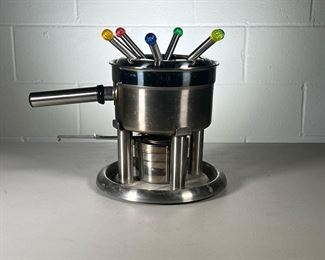STAINLESS STEEL FONDUE SET | Includes fondue pot, base with pot holder, small container for flame, and 6 fondue skewers. - h. 9 x dia. 9 in