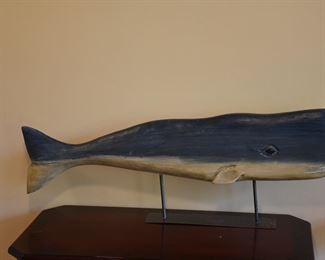 Large Wooden Whale Folk Art Style Figure Mounted on Stand