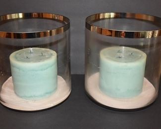 Two Sea-foam Green Candles in Gold-Rimmed Hurricane Glass Holders