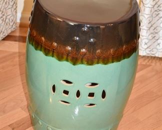 Ceramic Garden Stool or Side Table, Glazed in Sea-foam Green and Brown