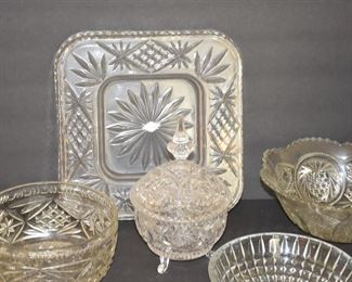 Cut Glass (5) including Serving Bowl, Nut Bowl, Candy Dish, and more