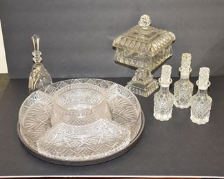 Cut Glass (6) including a Lazy Susan, Candy Dish, Oil/Vinegar Bottles and more