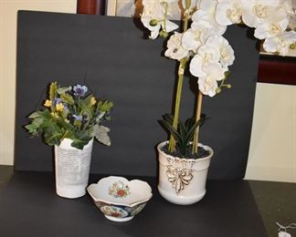 Faux Orchid Plant in Planter, a Second Faux Plant, and an Asian Themed Bowl