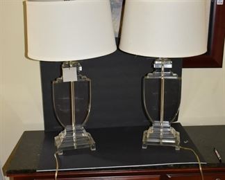 Pair of "Regina Andrew" Crystal Lamps w Shades and Finials, HEAVY!