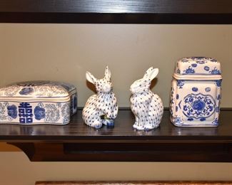 Blue & White Ceramic Figurines and Boxes - Rabbits are Hand Painted