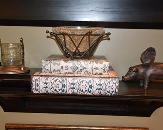 Decorative Items (6) - Flying Pig, Books, Dishes, and Box