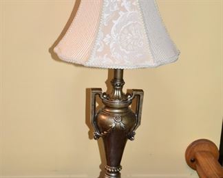 Ornate Urn Shaped Table Lamp with Finial and Brocade Shade