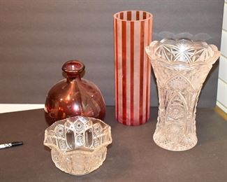 Cut Glass, Striped, and Red Glass Vases (3) along with a Cut Glass Candy Dish