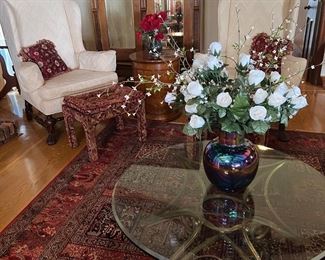 Pair Baker ‘Historic Charleston ‘ Chairs
Round Glass Top w Iron Base Coffee Table