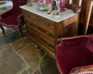 Walnut Chest w Marble Top
Pair Victorian Ladies & Gentlemen's Chairs