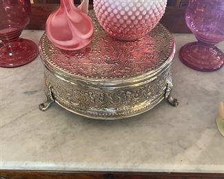 Ornate Silver Cake Stand
Cranberry Swirl Satin Glass Cruet
Cranberry Hobnail Rose Bowl