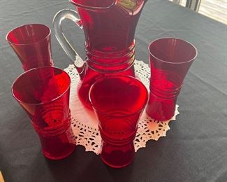 Ruby Red blown glass pitcher & 4 glasses