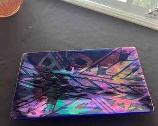 Signed cobalt blue irredecent Tray