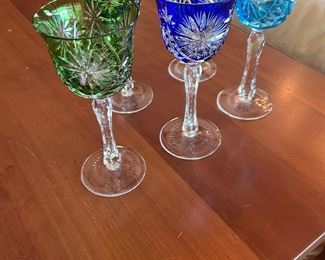 5 colored cut crystal stemmed wine glasses