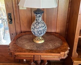 Ornate Walnut Table w Pink Marble Inlaid
Periwinkle Blue w gold overlay lamp