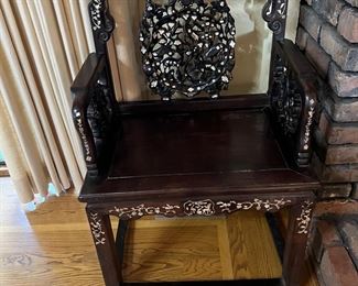 Early Rosewood carved Chair w mother of Pearl Inlaid (as is )