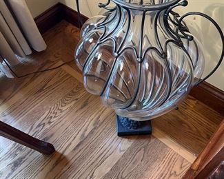 Tall 18” Iron caged Blown glass Vase