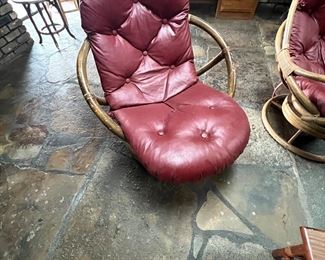 1960’s-70’s Rattan swivel chairs w leather cushions