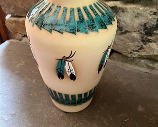 Signed Marilyn Wiley Navajo Vase w turquoise feathers