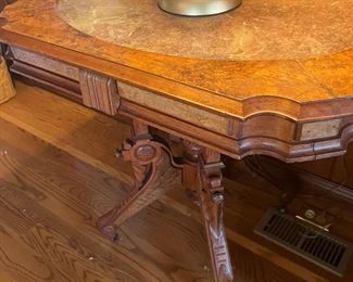Walnut parlor table w pink marble
