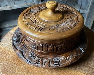 Carved wooden cake plate and cover